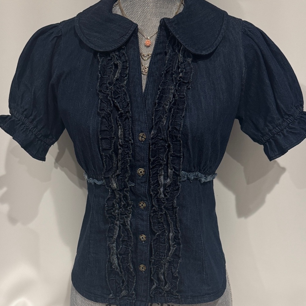 Anthropologie Dark Denim Waisted Blouse by Pilcro Size-XS